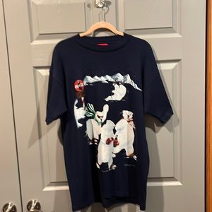 EUC Navy Vintage 1995 Coca-Cola Coke Polar Bears Ice Skating 90s Graphic T-Shirt